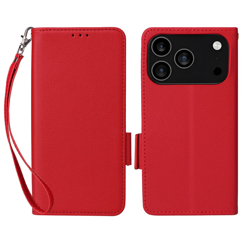 For iPhone 17 Pro Max Case with Wrist Strap Litchi Texture PU Leather Wallet Phone Cover - Red