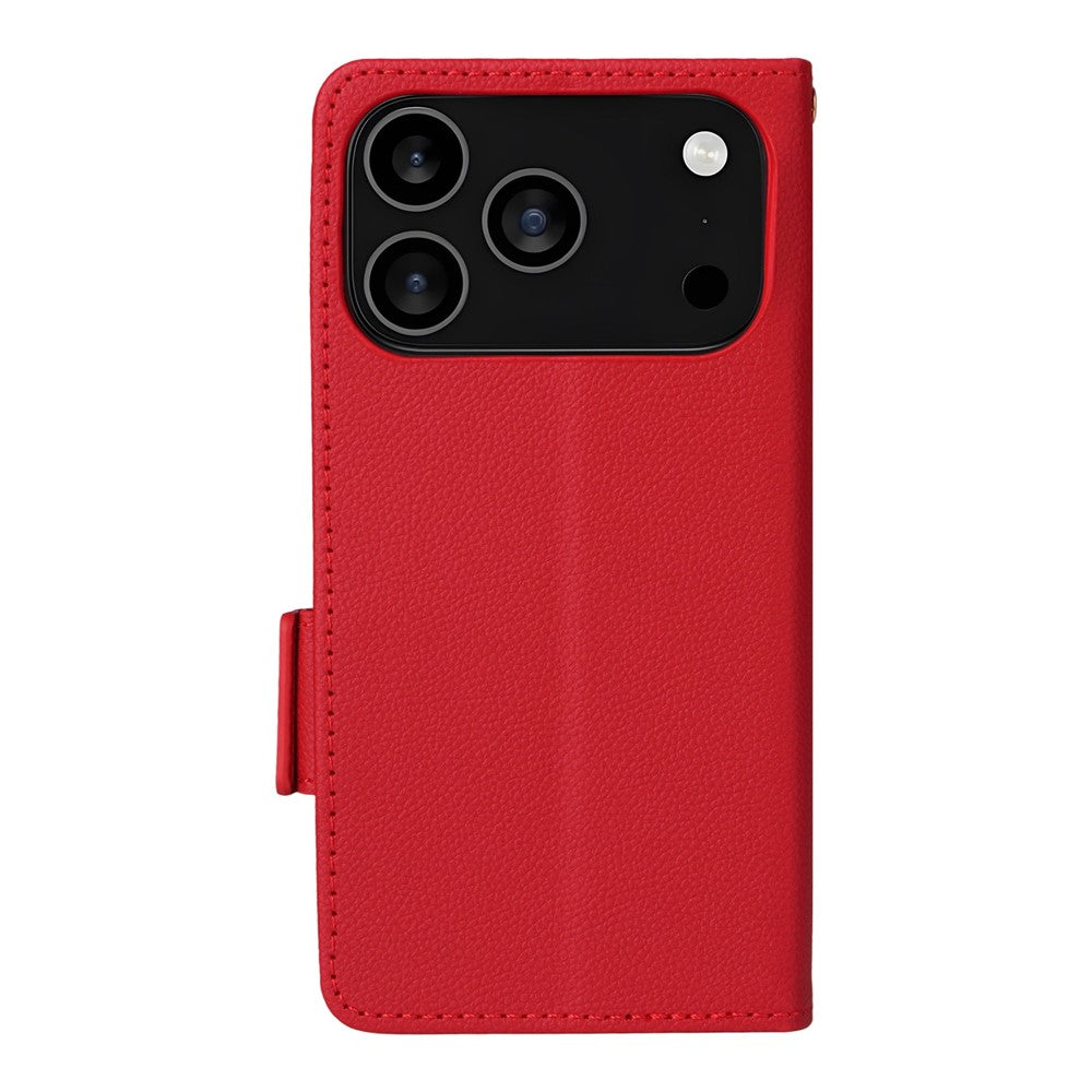 For iPhone 17 Pro Max Case with Wrist Strap Litchi Texture PU Leather Wallet Phone Cover - Red