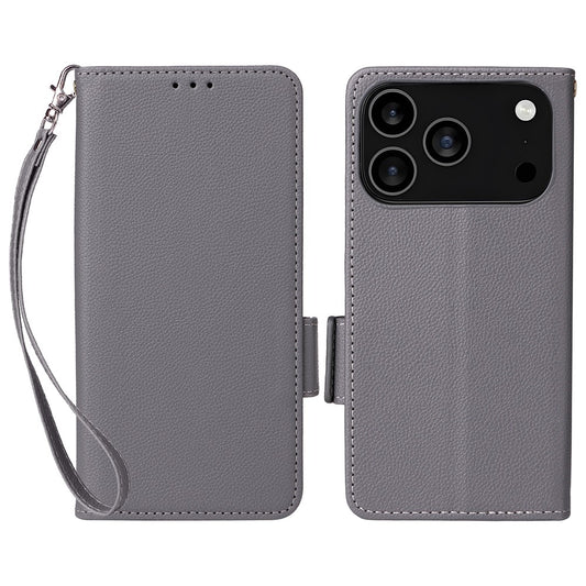 For iPhone 17 Pro Max Case with Wrist Strap Litchi Texture PU Leather Wallet Phone Cover - Grey