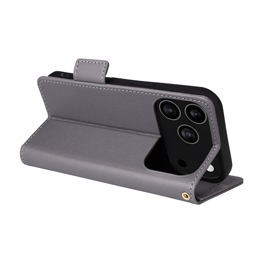 For iPhone 17 Pro Max Case with Wrist Strap Litchi Texture PU Leather Wallet Phone Cover - Grey