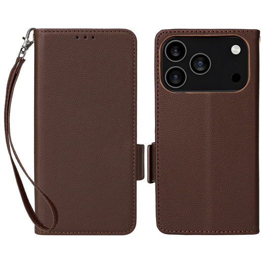 For iPhone 17 Pro Max Case with Wrist Strap Litchi Texture PU Leather Wallet Phone Cover - Brown
