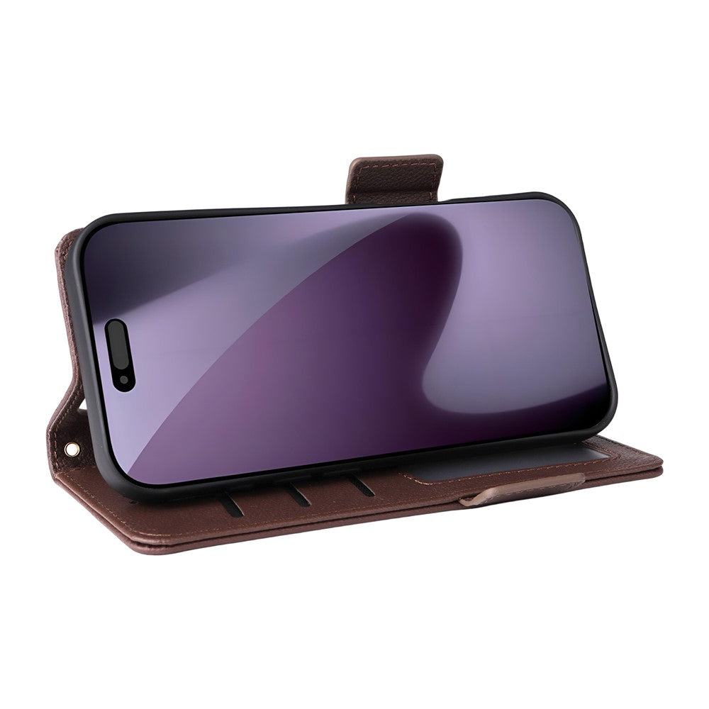 For iPhone 17 Pro Max Case with Wrist Strap Litchi Texture PU Leather Wallet Phone Cover - Brown