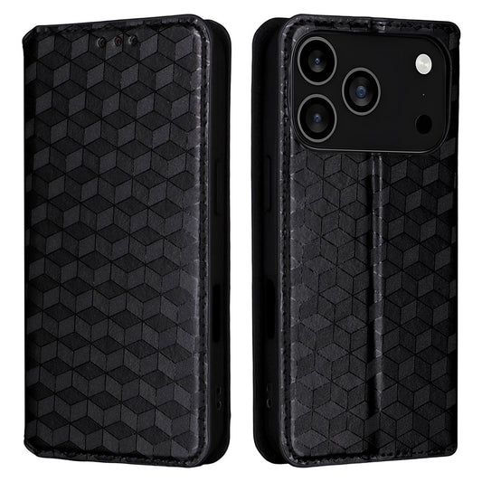 For iPhone 17 Pro Max Case Wallet Rhombus Imprinted Leather Phone Cover - Black
