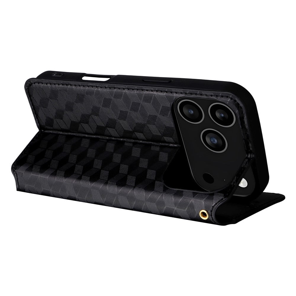 For iPhone 17 Pro Max Case Wallet Rhombus Imprinted Leather Phone Cover - Black