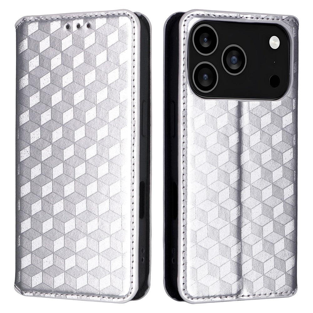 For iPhone 17 Pro Max Case Wallet Rhombus Imprinted Leather Phone Cover - Silver
