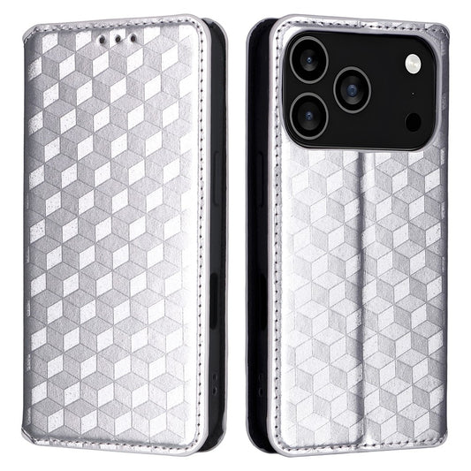 For iPhone 17 Pro Max Case Wallet Rhombus Imprinted Leather Phone Cover - Silver