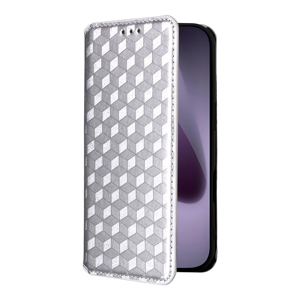 For iPhone 17 Pro Max Case Wallet Rhombus Imprinted Leather Phone Cover - Silver