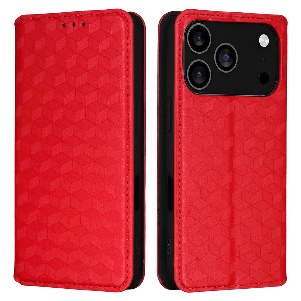 For iPhone 17 Pro Max Case Wallet Rhombus Imprinted Leather Phone Cover - Red
