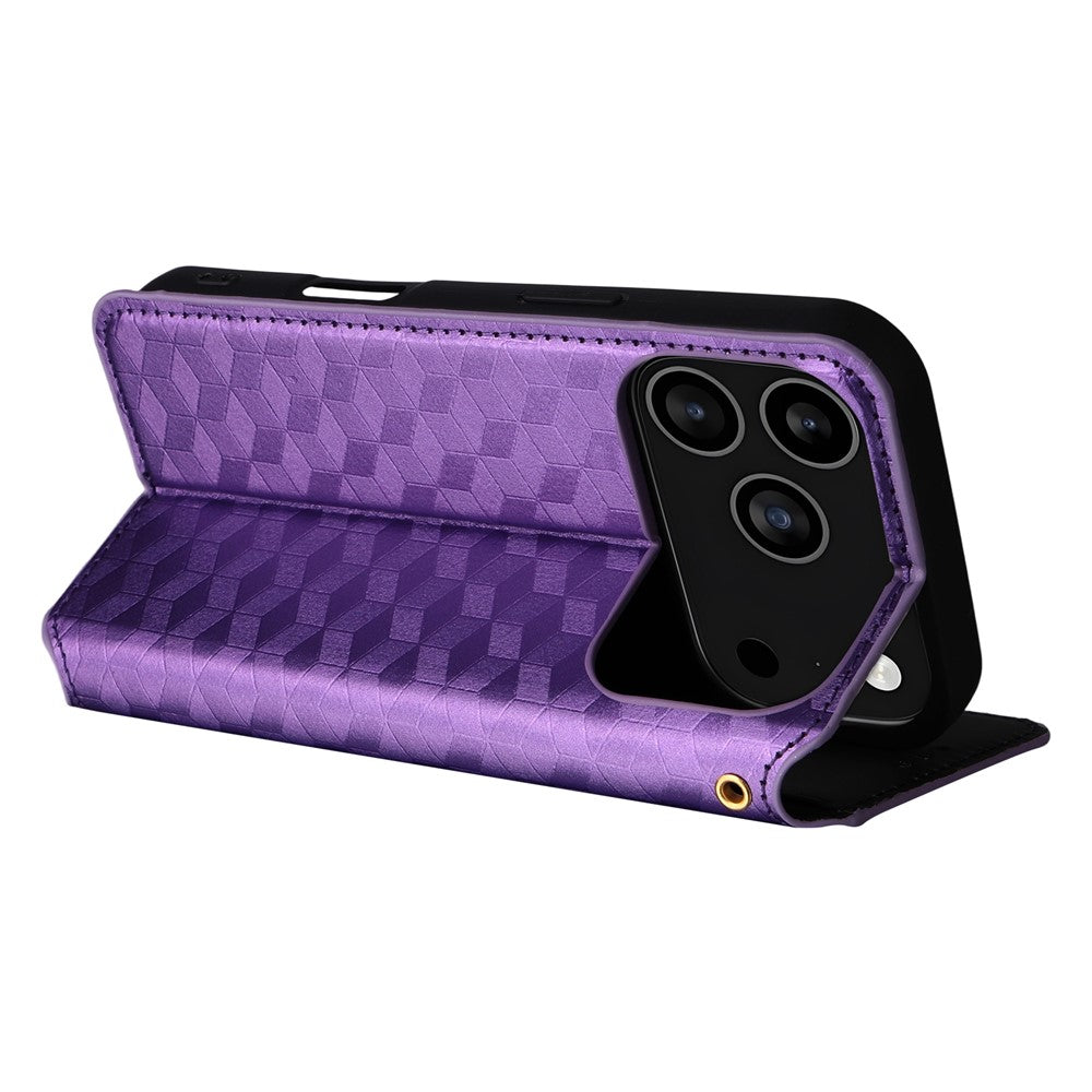 For iPhone 17 Pro Max Case Wallet Rhombus Imprinted Leather Phone Cover - Purple