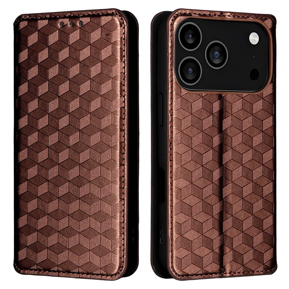 For iPhone 17 Pro Max Case Wallet Rhombus Imprinted Leather Phone Cover - Brown
