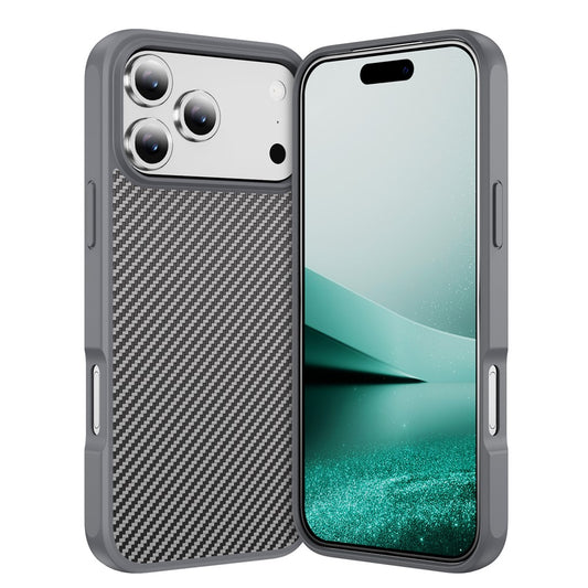 For iPhone 17 Pro Max Case Carbon Fiber Texture PC + TPU Phone Cover Compatible with MagSafe - Grey