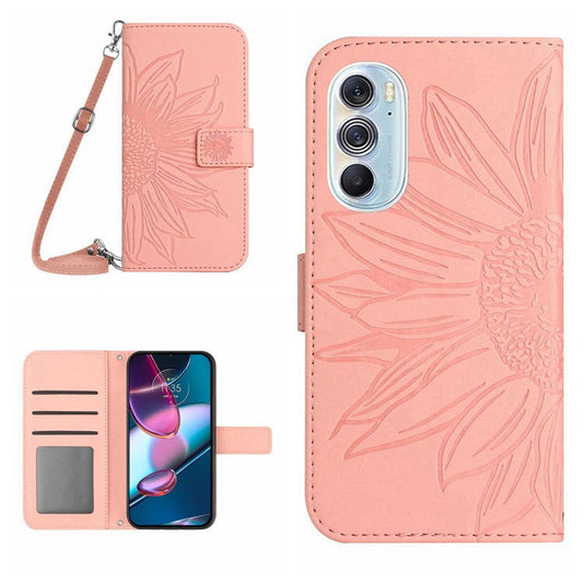 For Motorola Edge 30 Pro (Motorola Edge+ (2022)) Imprinted Sunflower Phone Case, Overall Coverage Skin-touch PU Leather Wallet Stand Magnetic Cover with Shoulder Strap - Light Pink