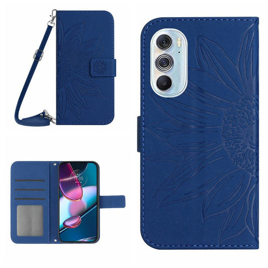 For Motorola Edge 30 Pro (Motorola Edge+ (2022)) Imprinted Sunflower Phone Case, Overall Coverage Skin-touch PU Leather Wallet Stand Magnetic Cover with Shoulder Strap - Sapphire