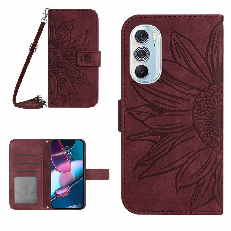For Motorola Edge 30 Pro (Motorola Edge+ (2022)) Imprinted Sunflower Phone Case, Overall Coverage Skin-touch PU Leather Wallet Stand Magnetic Cover with Shoulder Strap - Wine Red