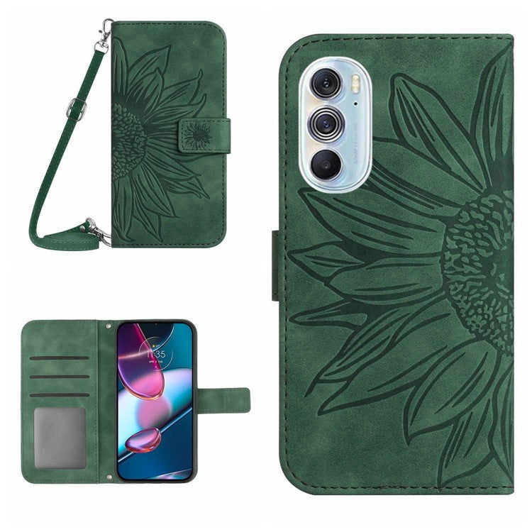 For Motorola Edge 30 Pro (Motorola Edge+ (2022)) Imprinted Sunflower Phone Case, Overall Coverage Skin-touch PU Leather Wallet Stand Magnetic Cover with Shoulder Strap - Dark Green