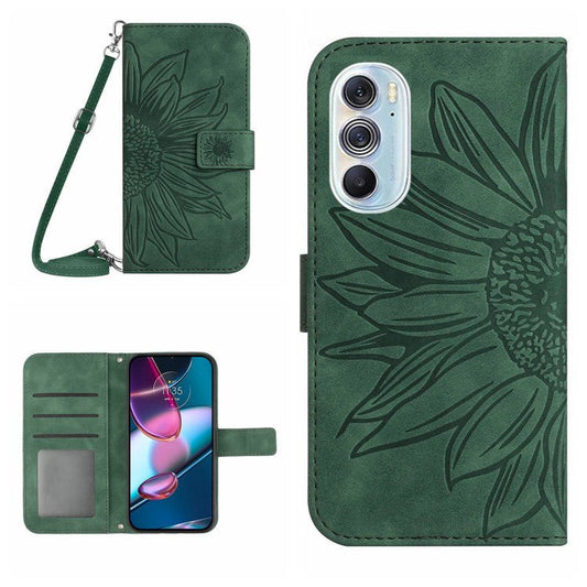 For Motorola Edge 30 Pro (Motorola Edge+ (2022)) Imprinted Sunflower Phone Case, Overall Coverage Skin-touch PU Leather Wallet Stand Magnetic Cover with Shoulder Strap - Dark Green