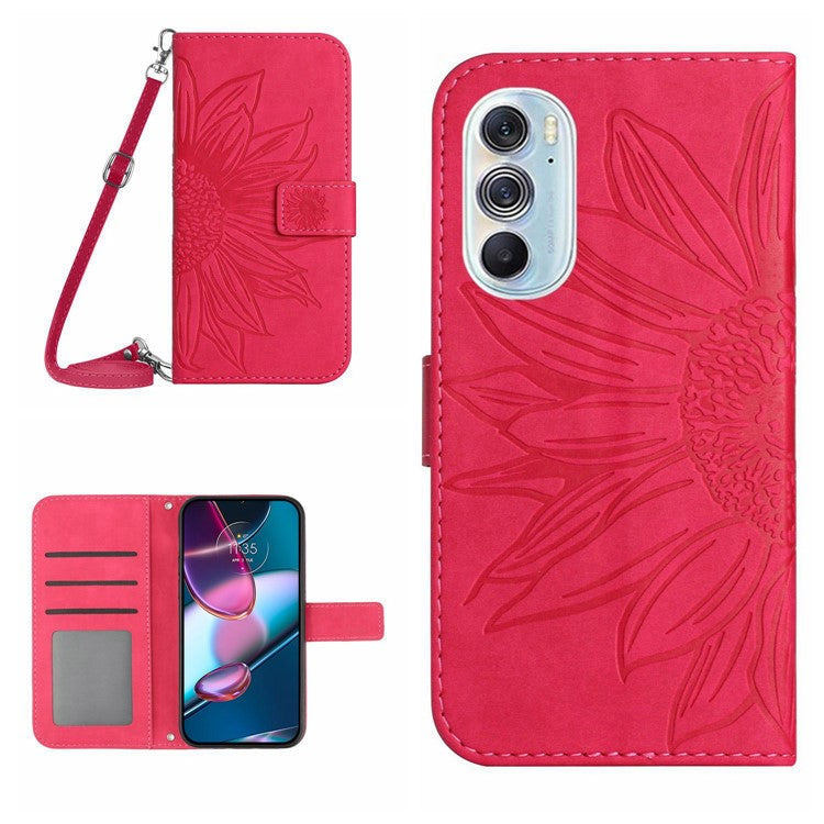 For Motorola Edge 30 Pro (Motorola Edge+ (2022)) Imprinted Sunflower Phone Case, Overall Coverage Skin-touch PU Leather Wallet Stand Magnetic Cover with Shoulder Strap - Rose