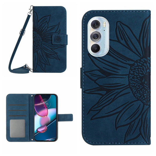 For Motorola Edge 30 Pro (Motorola Edge+ (2022)) Imprinted Sunflower Phone Case, Overall Coverage Skin-touch PU Leather Wallet Stand Magnetic Cover with Shoulder Strap - Dark Blue