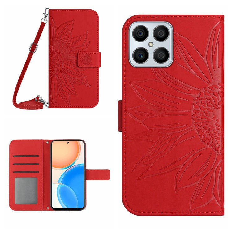 For Honor X8 4G HT04 Imprinted Sunflower PU Leather Flip Case Stand Magnetic Shockproof Skin-touch Wallet Phone Cover with Shoulder Strap - Red