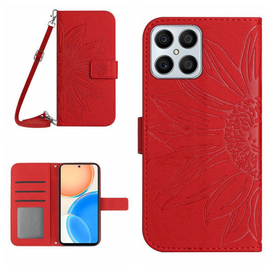 For Honor X8 4G HT04 Imprinted Sunflower PU Leather Flip Case Stand Magnetic Shockproof Skin-touch Wallet Phone Cover with Shoulder Strap - Red
