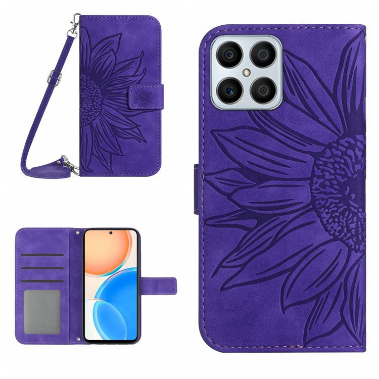 For Honor X8 4G HT04 Imprinted Sunflower PU Leather Flip Case Stand Magnetic Shockproof Skin-touch Wallet Phone Cover with Shoulder Strap - Dark Purple