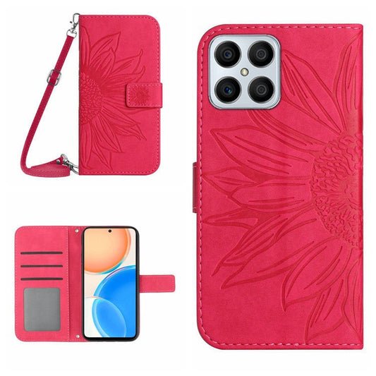 For Honor X8 4G HT04 Imprinted Sunflower PU Leather Flip Case Stand Magnetic Shockproof Skin-touch Wallet Phone Cover with Shoulder Strap - Rose