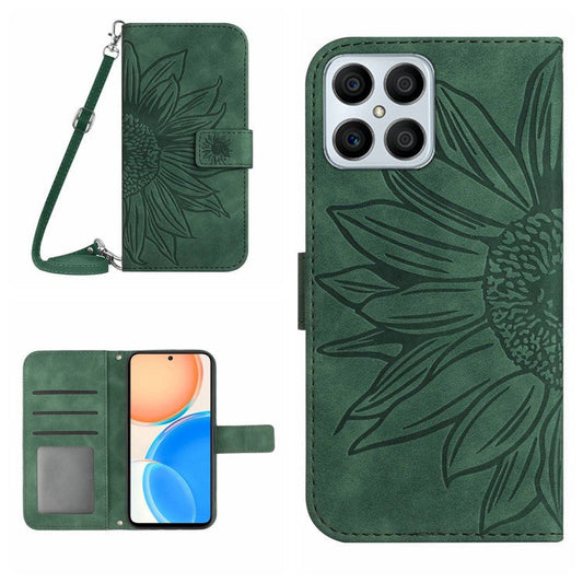For Honor X8 4G HT04 Imprinted Sunflower PU Leather Flip Case Stand Magnetic Shockproof Skin-touch Wallet Phone Cover with Shoulder Strap - Dark Green
