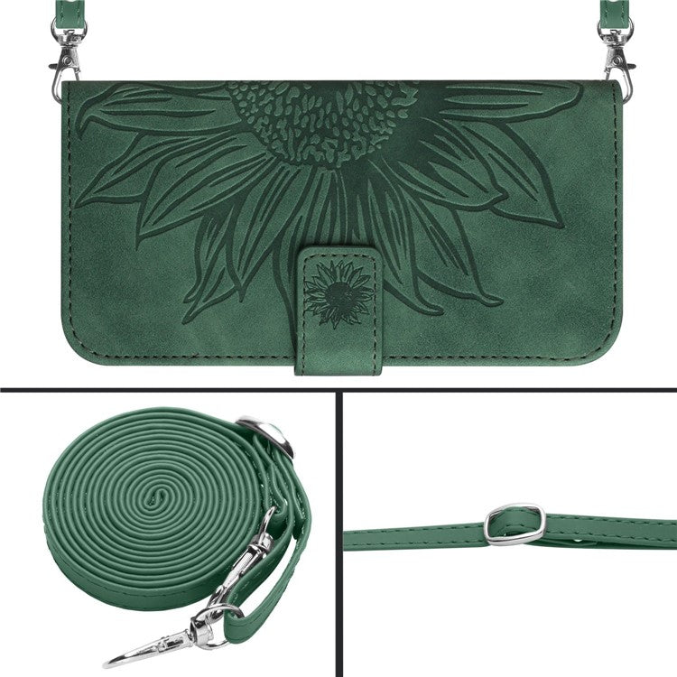 For Honor X8 4G HT04 Imprinted Sunflower PU Leather Flip Case Stand Magnetic Shockproof Skin-touch Wallet Phone Cover with Shoulder Strap - Dark Green