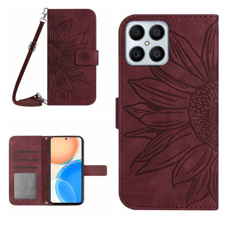 For Honor X8 4G HT04 Imprinted Sunflower PU Leather Flip Case Stand Magnetic Shockproof Skin-touch Wallet Phone Cover with Shoulder Strap - Wine Red