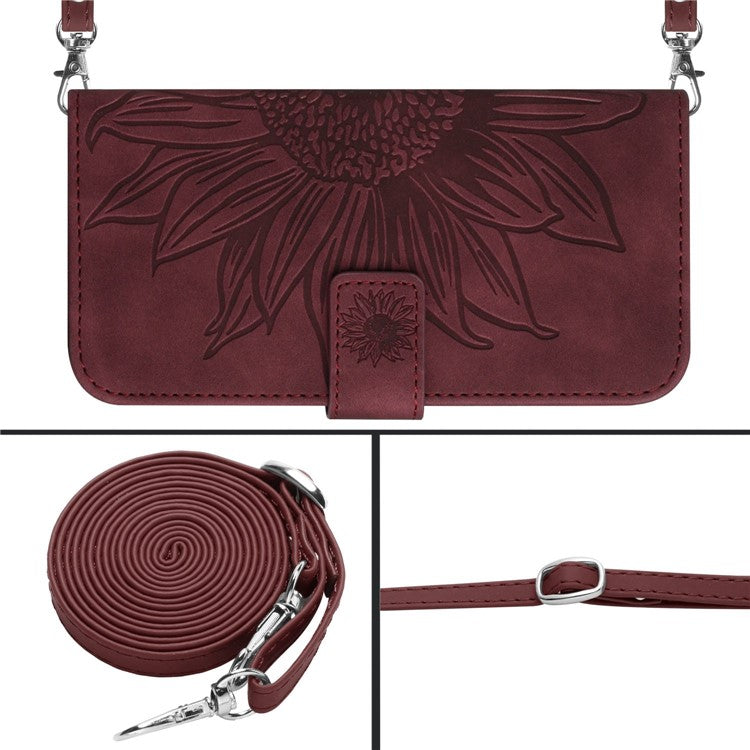 For Honor X8 4G HT04 Imprinted Sunflower PU Leather Flip Case Stand Magnetic Shockproof Skin-touch Wallet Phone Cover with Shoulder Strap - Wine Red