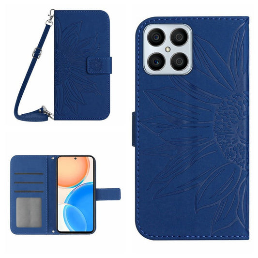 For Honor X8 4G HT04 Imprinted Sunflower PU Leather Flip Case Stand Magnetic Shockproof Skin-touch Wallet Phone Cover with Shoulder Strap - Sapphire