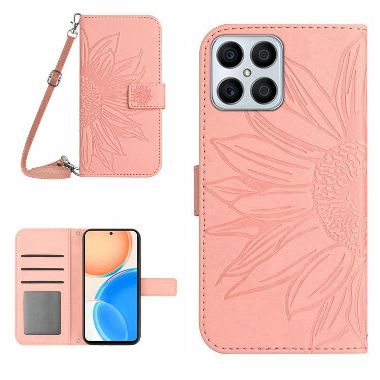 For Honor X8 4G HT04 Imprinted Sunflower PU Leather Flip Case Stand Magnetic Shockproof Skin-touch Wallet Phone Cover with Shoulder Strap - Light Pink
