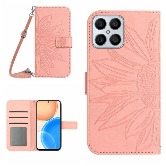 For Honor X8 4G HT04 Imprinted Sunflower PU Leather Flip Case Stand Magnetic Shockproof Skin-touch Wallet Phone Cover with Shoulder Strap - Light Pink