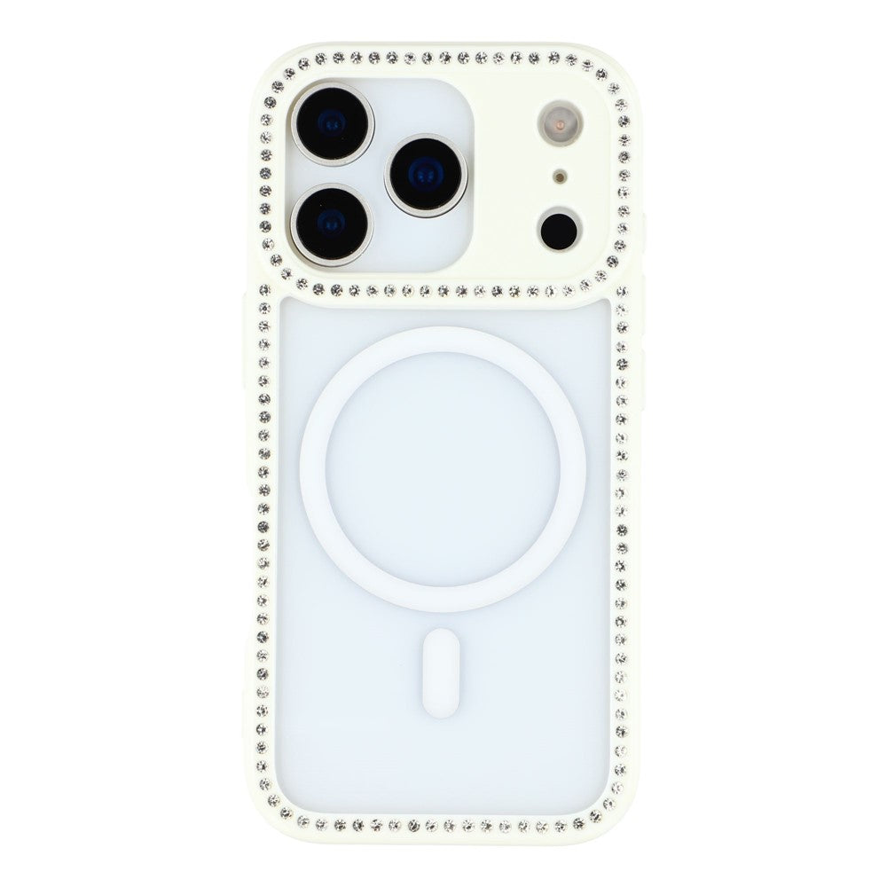 For iPhone 17 Pro Max Case Compatible with MagSafe Sparkling Rhinestone Decor TPU + PC Clear Phone Back Cover - White