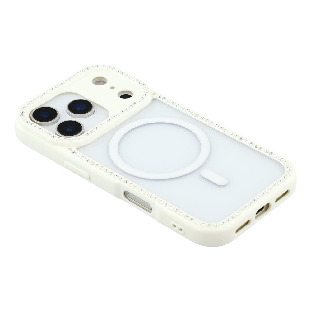 For iPhone 17 Pro Max Case Compatible with MagSafe Sparkling Rhinestone Decor TPU + PC Clear Phone Back Cover - White