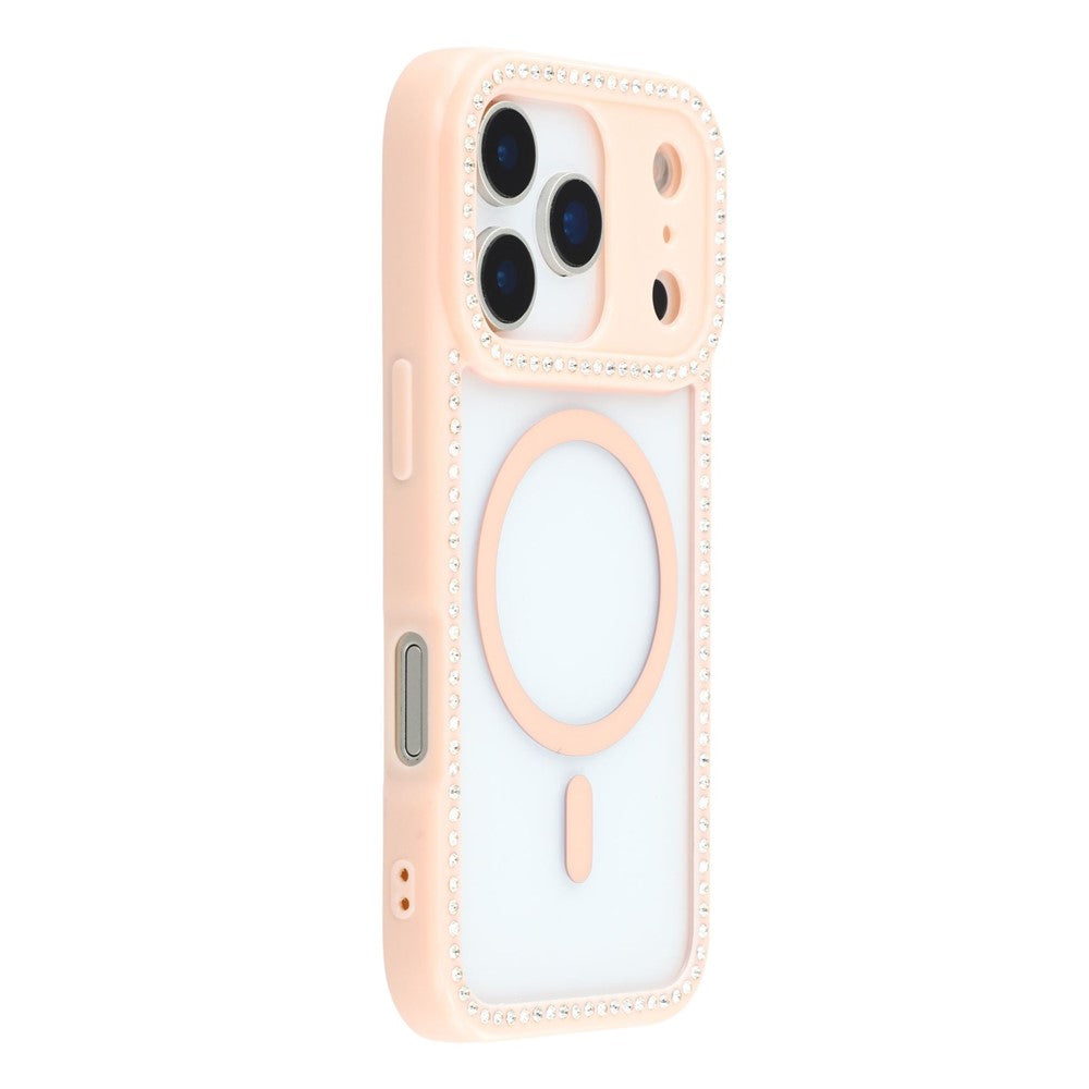 For iPhone 17 Pro Max Case Compatible with MagSafe Sparkling Rhinestone Decor TPU + PC Clear Phone Back Cover - Pink