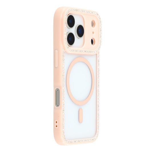 For iPhone 17 Pro Max Case Compatible with MagSafe Sparkling Rhinestone Decor TPU + PC Clear Phone Back Cover - Pink
