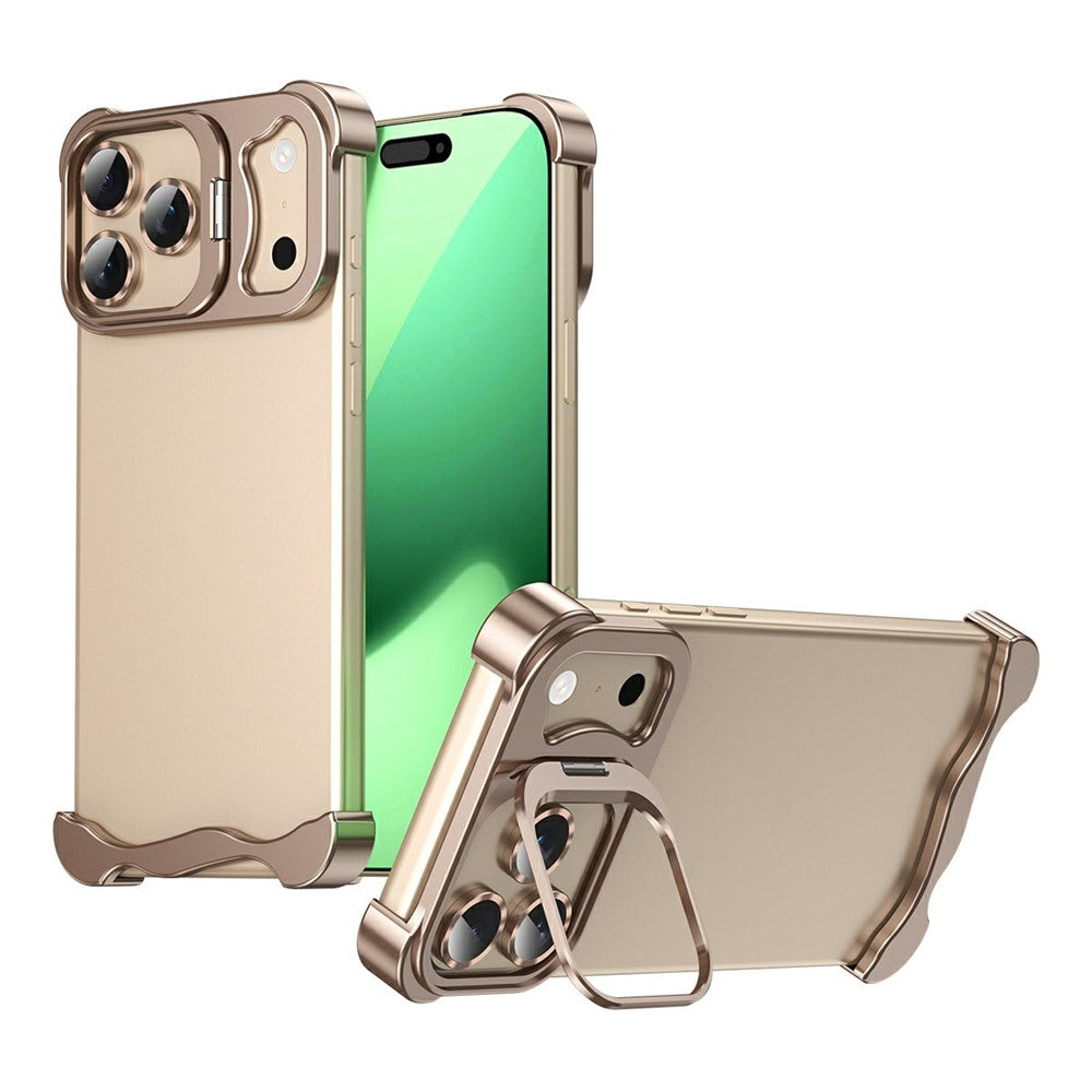 For iPhone 17 Pro Max Bumper Case Lens Kickstand Heat Dissipating Metal Corner Phone Cover - Desert Gold