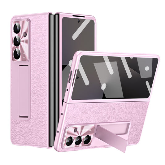 For Samsung Galaxy Z Fold7 5G Case Kickstand Leather + PC Phone Cover with Tempered Glass Film - Pink