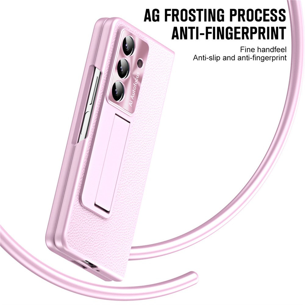 For Samsung Galaxy Z Fold7 5G Case Kickstand Leather + PC Phone Cover with Tempered Glass Film - Pink
