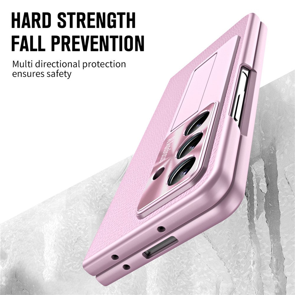 For Samsung Galaxy Z Fold7 5G Case Kickstand Leather + PC Phone Cover with Tempered Glass Film - Pink
