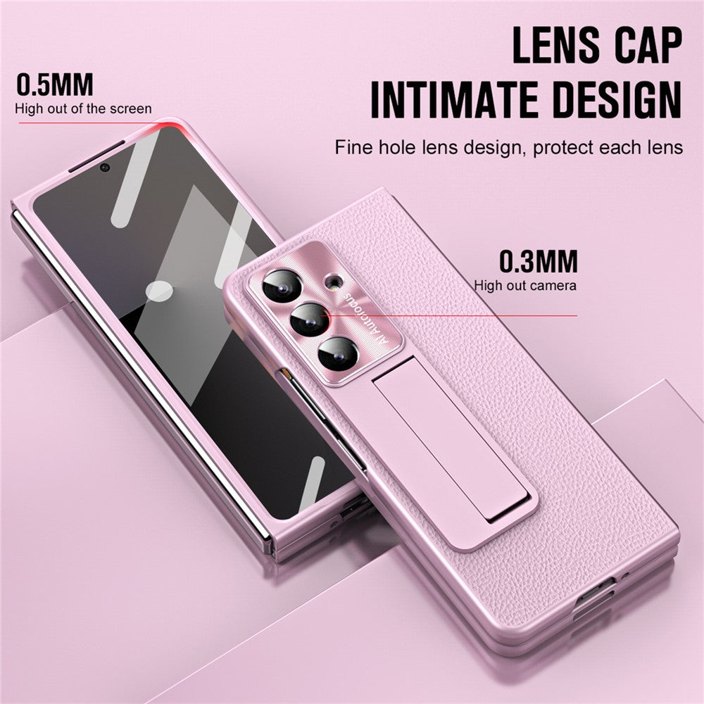 For Samsung Galaxy Z Fold7 5G Case Kickstand Leather + PC Phone Cover with Tempered Glass Film - Pink