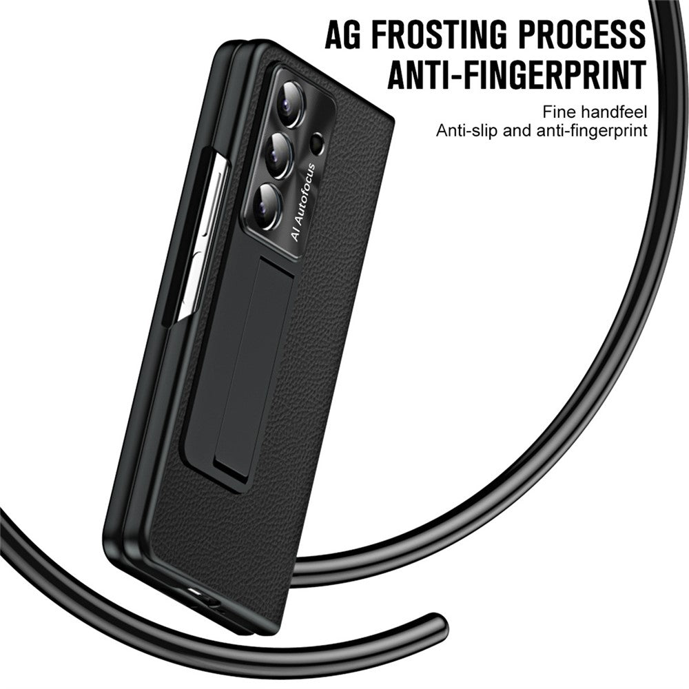 For Samsung Galaxy Z Fold7 5G Case Kickstand Leather + PC Phone Cover with Tempered Glass Film - Black