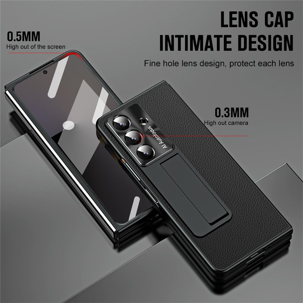 For Samsung Galaxy Z Fold7 5G Case Kickstand Leather + PC Phone Cover with Tempered Glass Film - Black