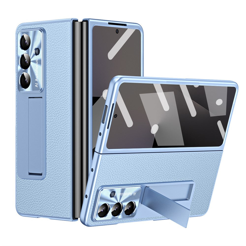 For Samsung Galaxy Z Fold7 5G Case Kickstand Leather + PC Phone Cover with Tempered Glass Film - Blue