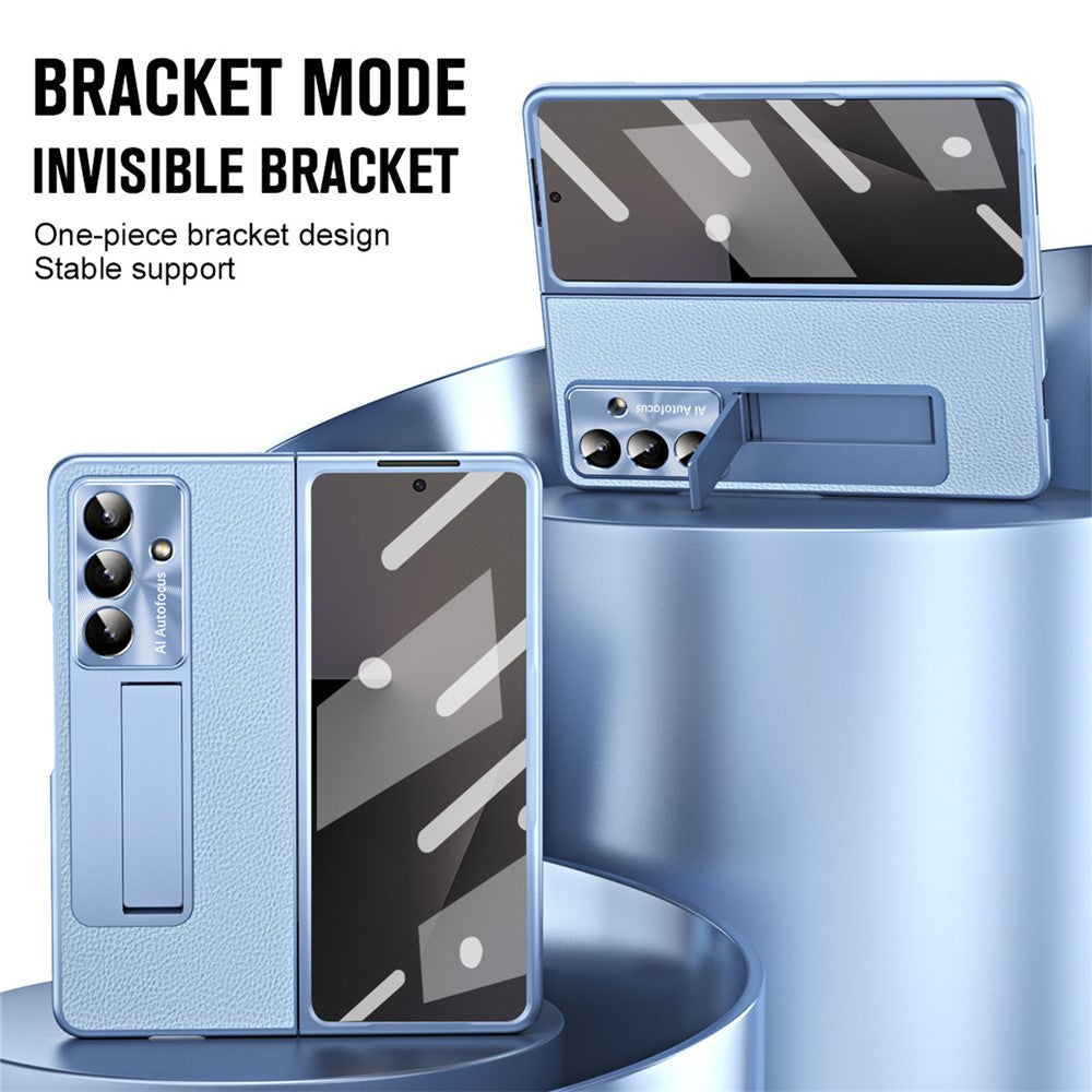 For Samsung Galaxy Z Fold7 5G Case Kickstand Leather + PC Phone Cover with Tempered Glass Film - Blue