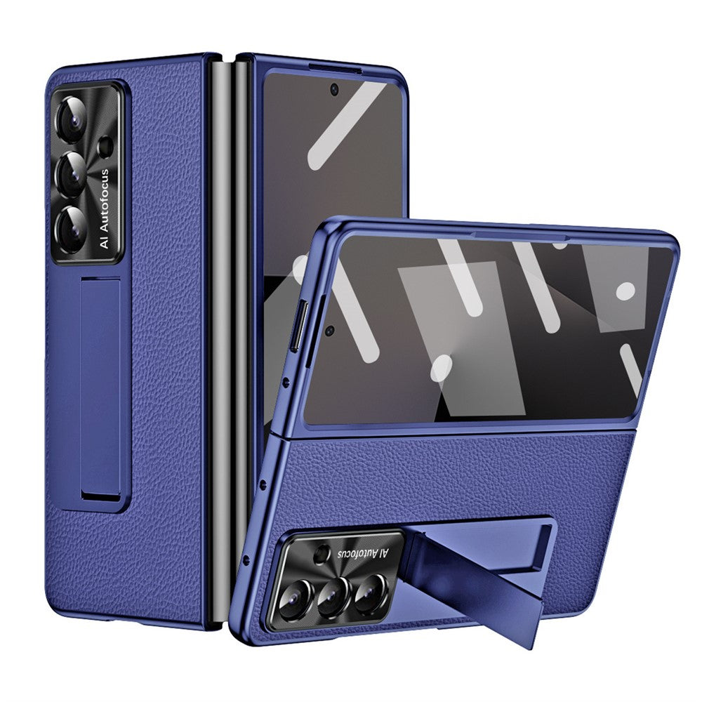 For Samsung Galaxy Z Fold7 5G Case Kickstand Leather + PC Phone Cover with Tempered Glass Film - Dark Blue