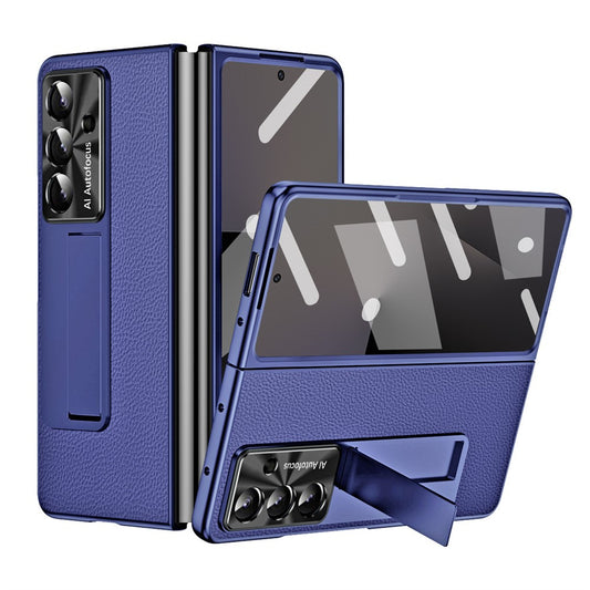 For Samsung Galaxy Z Fold7 5G Case Kickstand Leather + PC Phone Cover with Tempered Glass Film - Dark Blue