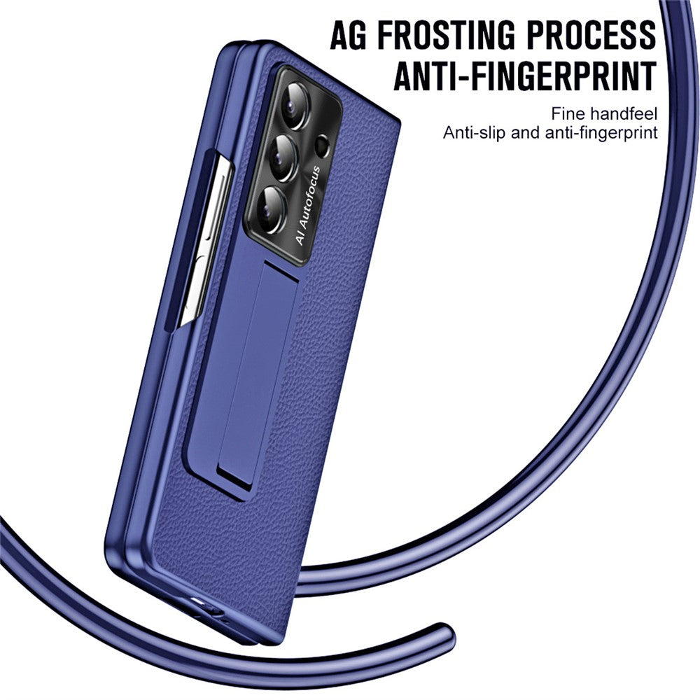 For Samsung Galaxy Z Fold7 5G Case Kickstand Leather + PC Phone Cover with Tempered Glass Film - Dark Blue