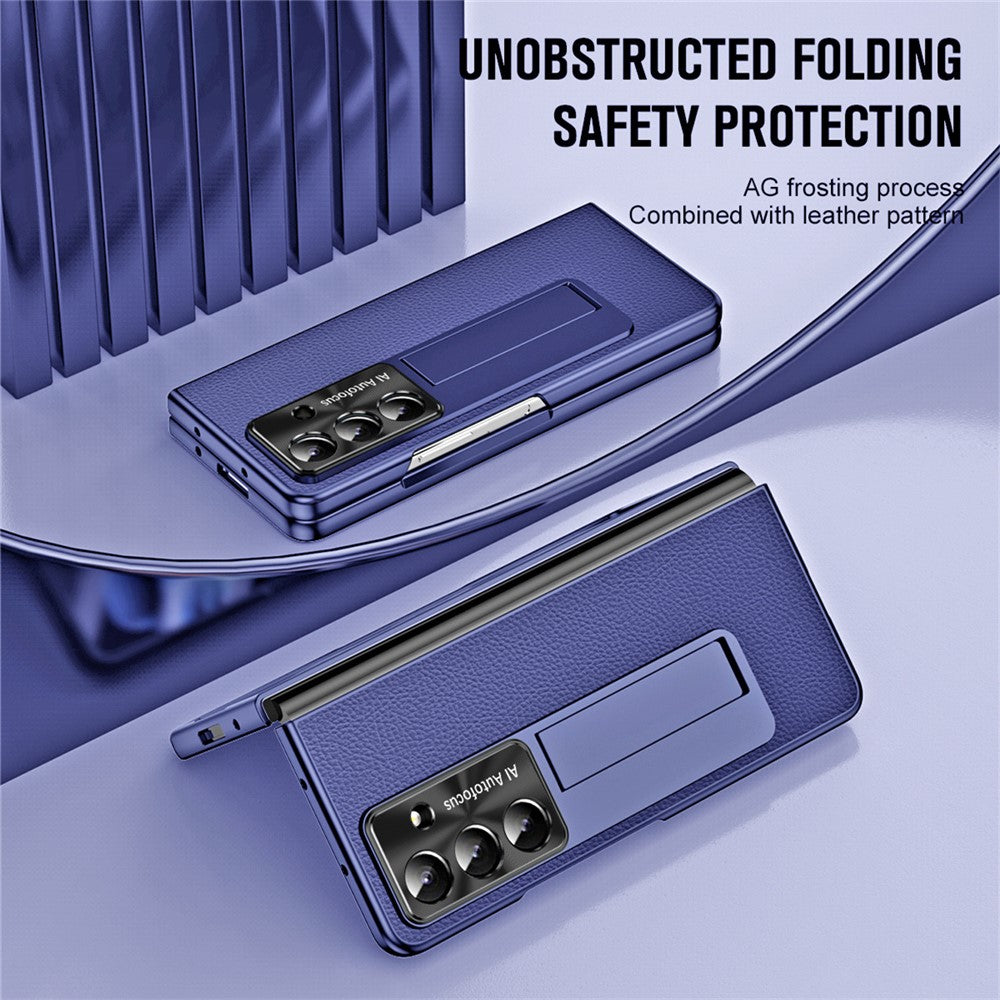 For Samsung Galaxy Z Fold7 5G Case Kickstand Leather + PC Phone Cover with Tempered Glass Film - Dark Blue
